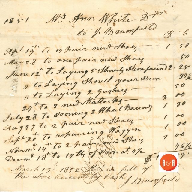 Receipt for goods purchased for Mrs. Ann H. White, via J. Brumfield, who is listed as a client at the Fewell’s store. Courtesy of the White Family Collection – 2008