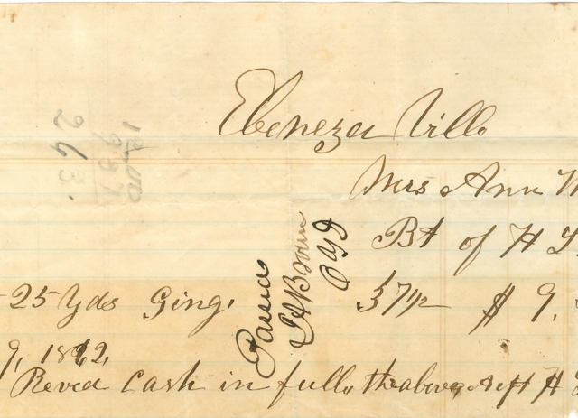 Marked Ebenezerville this receipt is for cloth purchased by Ann H. White in 1862 from Mr. H.L. Killian.  Courtesy of the White Family Collection – 2008