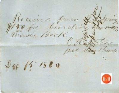 Receipt for binding a book for R.A. Springs in 1860. Samuel Bunch received payment of $1.50.  Courtesy of the White Family Collection – 2008
