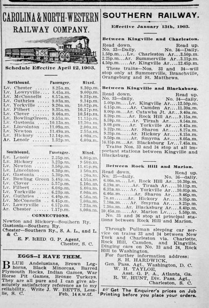 1903 – Train schedule from the Yorkville Enquirer