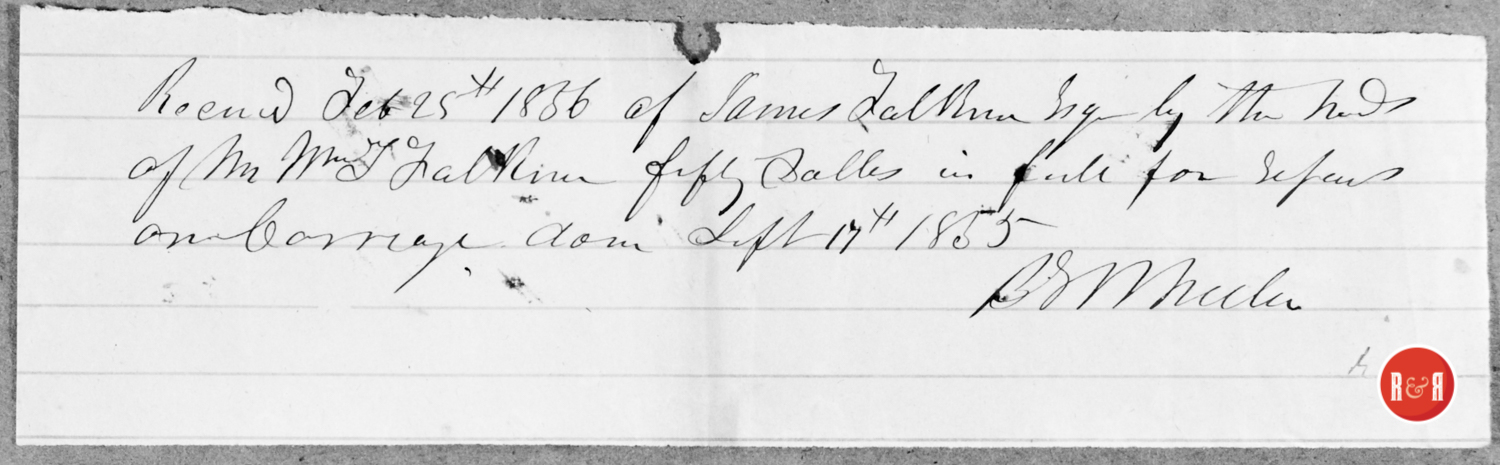 RECEIPT FOR PAYMENT ON WHEELER CARRIAGE IN 1855 BY JAMES FAULKNER OF LANCASTER CO., S.C