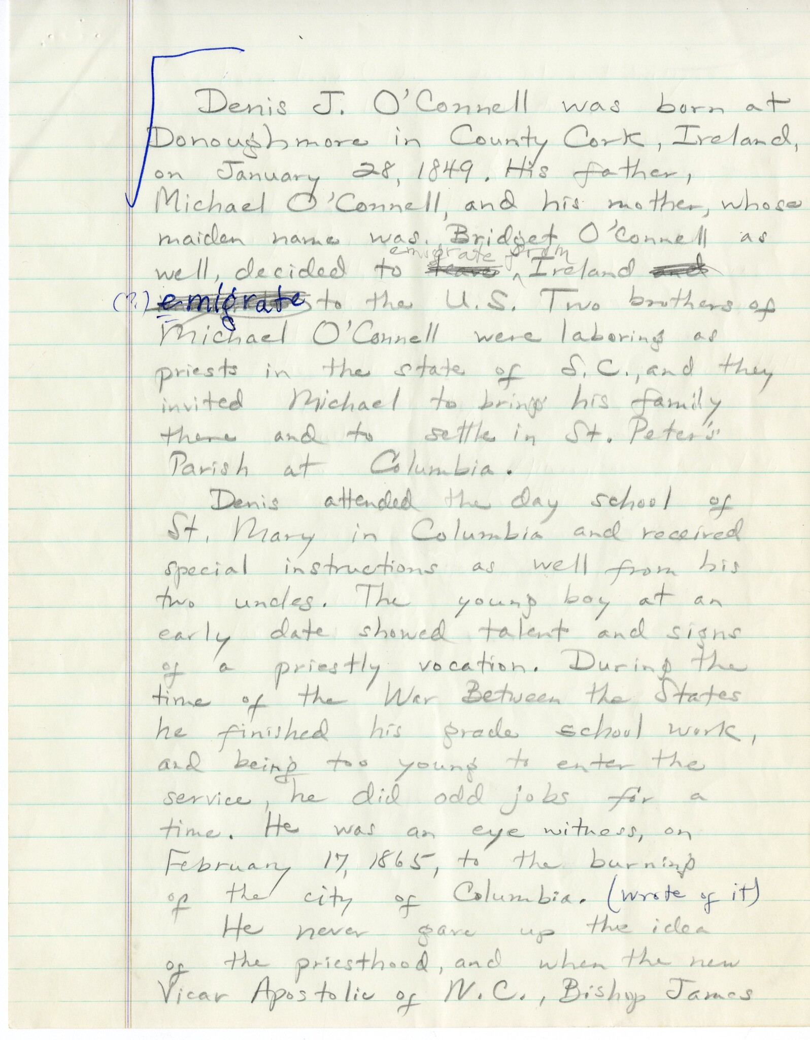 NOTES ON BISHOP O'CONNELL VIA WM. B. WHITE, JR. @ WU'S PETTIS ARCHIVES