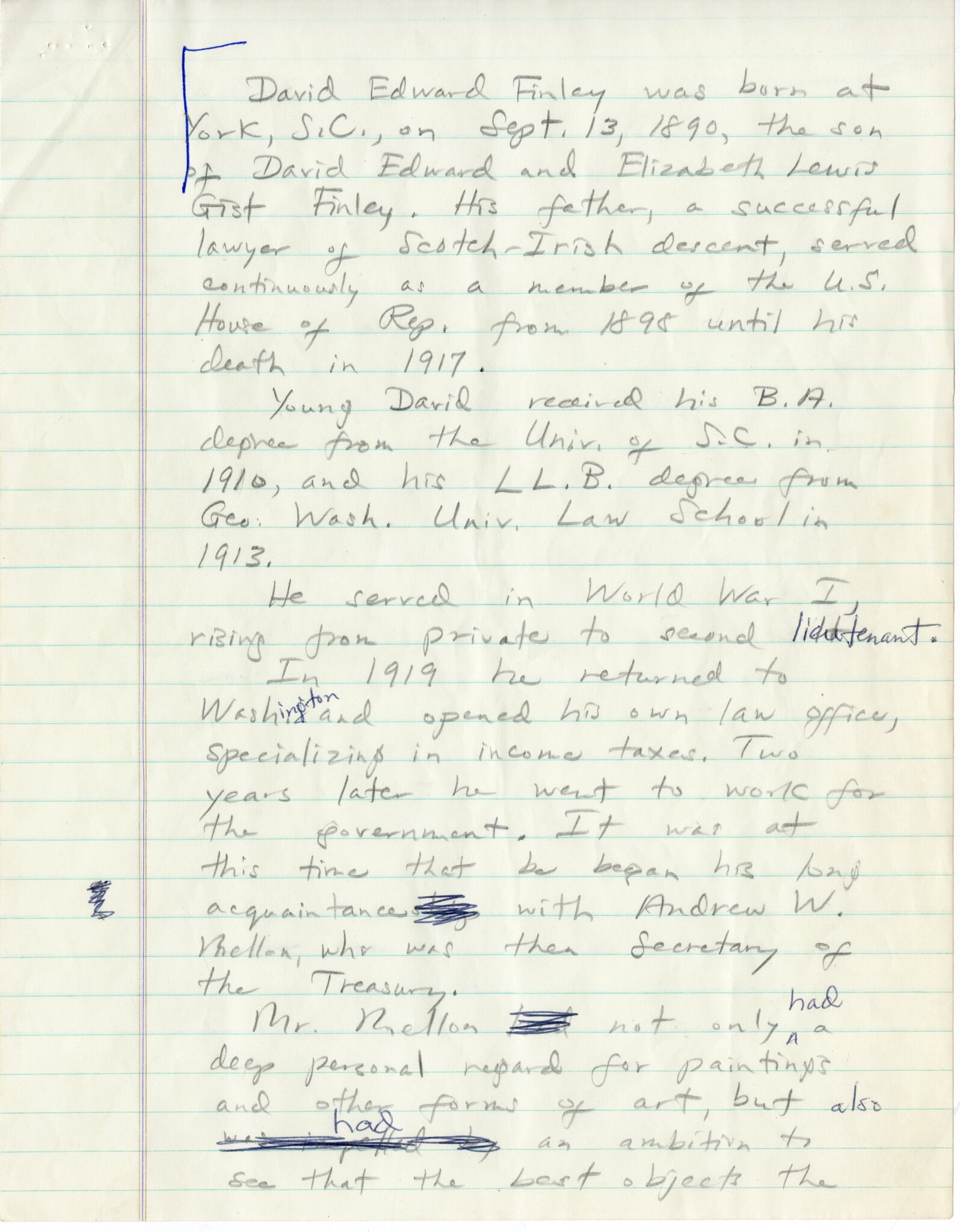 NOTES BY WM. B. WHITE, JR., ON THE LIFE OF DAVID FINLEY OR YORK, S.C. - WU PETTIS ARCHIVES COLLECTION