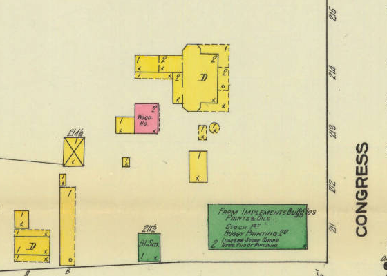 1910 - Sanborn Map of the Wheeler property layout, including the implements shop.