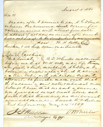 Legal document signed by Wheeler in August of 1860 concerning the estate of Mr. Kelly of Union County, SC