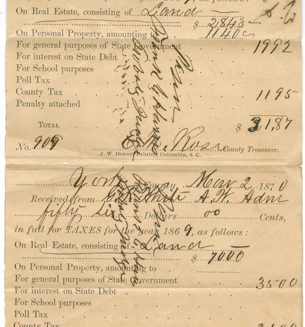 Mrs. Ann H. White’s tax bill in 1870 collected at the YC Courthouse. Courtesy of the White Family Collection - 2008
