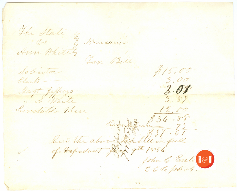 Ann H. White pays tax to John G. Enloe - York Co. Tax Collector - 1856 - Courtesy of the White Collection/HRH 2008