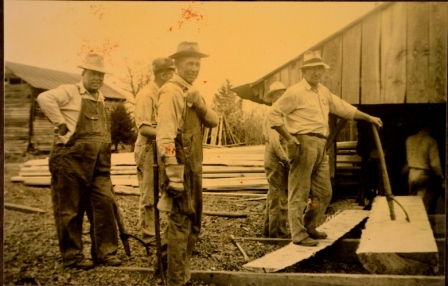 Perry Russell, Porter Good and men work at the Good’s sawmill cutting timber for the new Bullock Creek Pres. Church in 1950.