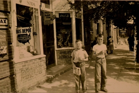 Hugh Sherer and Jimmy Sharp in front of Sims Drug Store in downtown Sharon, SC