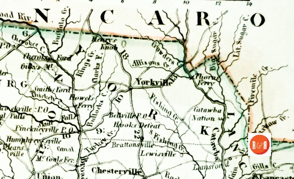 An 1852 route map of York County. Note Rock Hill nor the railroad is shown.