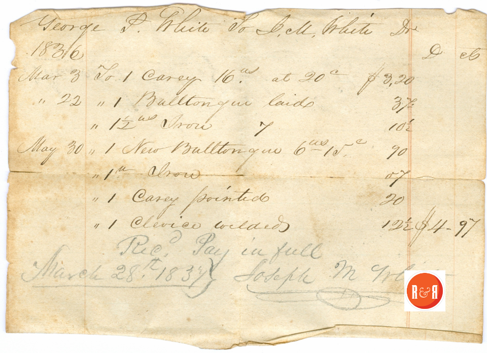 J.M. White's Bill for blacksmithing and farm repairs - 1836 - Courtesy of the White Collection/HRH 2008