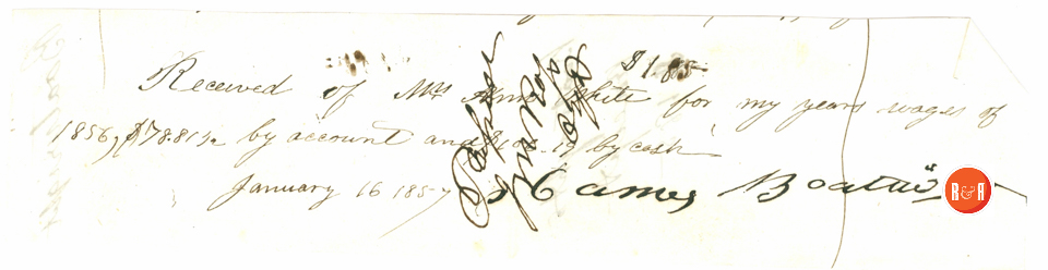 Wages for Overseer, James Boatwright in 1857 - Courtesy of the White Collection/HRH 2008
