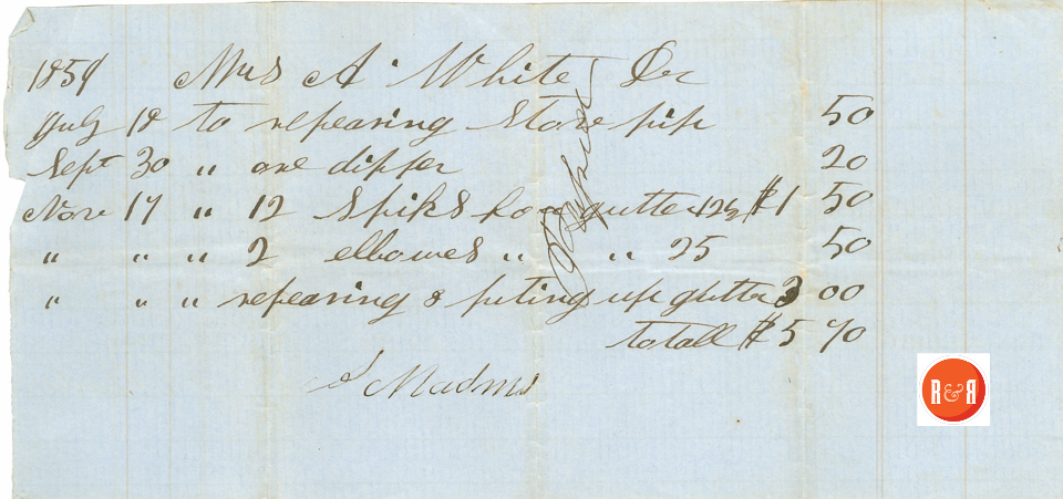 RECEIPT FOR STOVE PIPE AND GUTTER REPAIR - S. MADNAS 1859