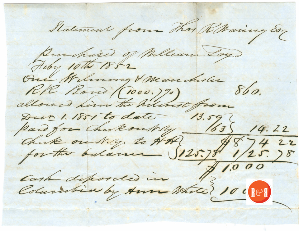 ANN H. WHITE PURCHASES RR STOCK - 1852 - Courtesy of the White Collection/HRH 2008
