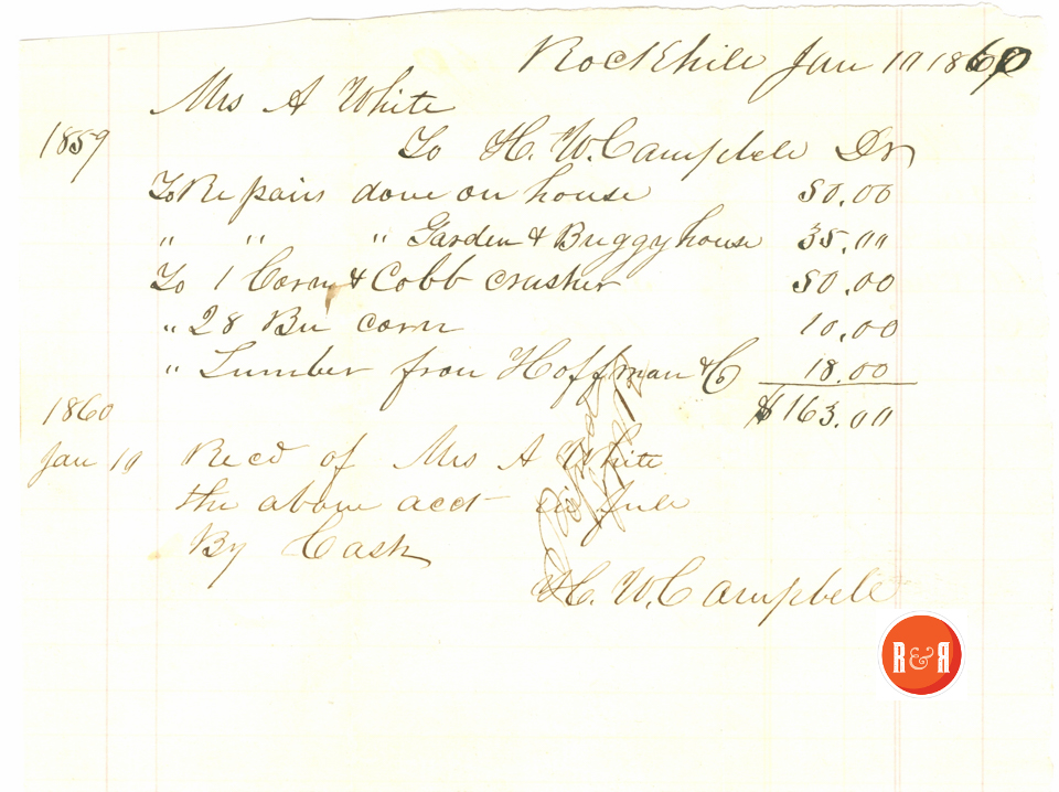 Bill for repairs by H.W. Campbell, Mrs. Whites' nephew on the buggy house and garden house. Courtesy of the White Family Collection - 2008