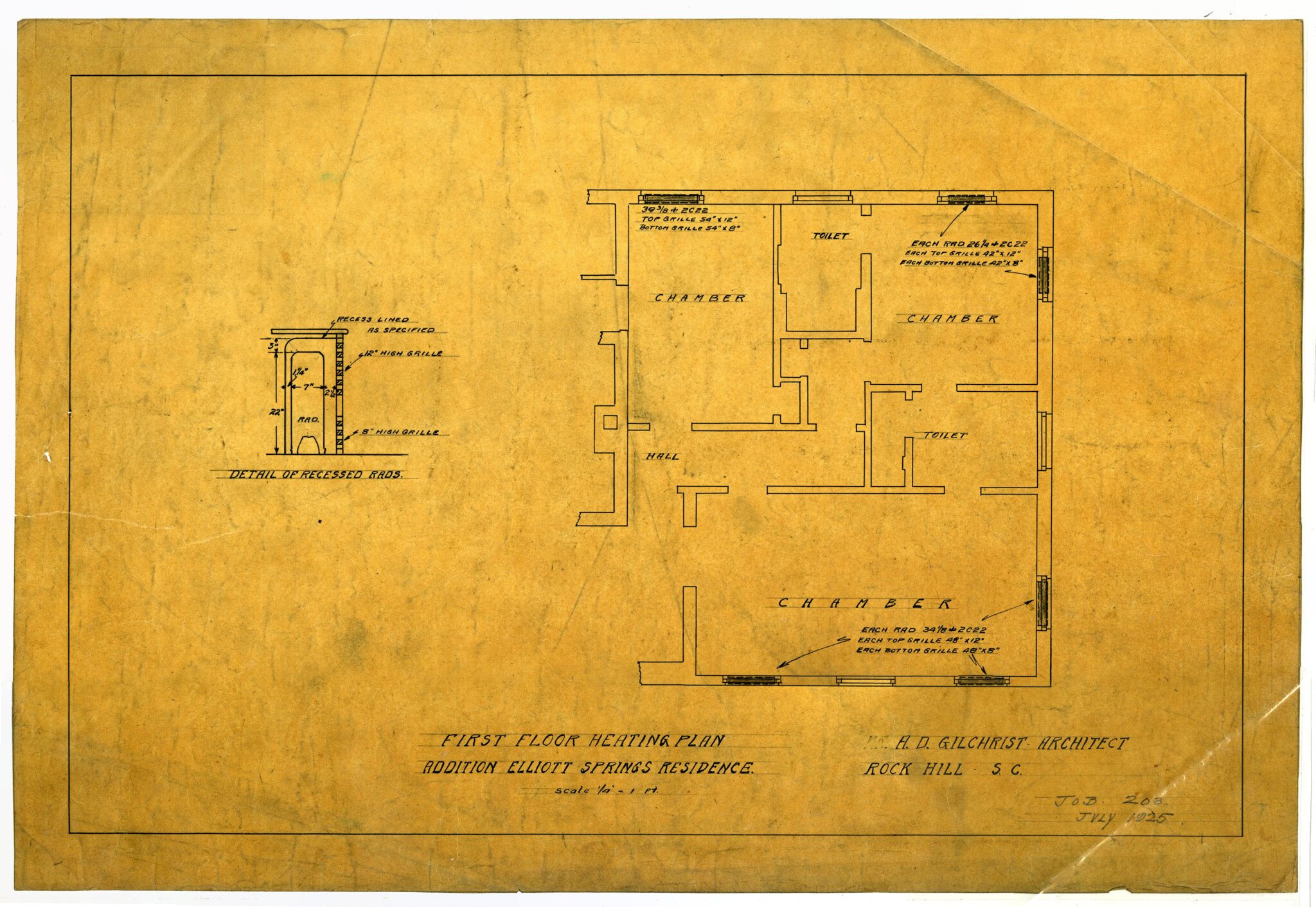 Architectural plans by A.D. Gilchrist of Rock Hill, S.C. - Courtesy of the WU Pettus Archives Collection, 2024