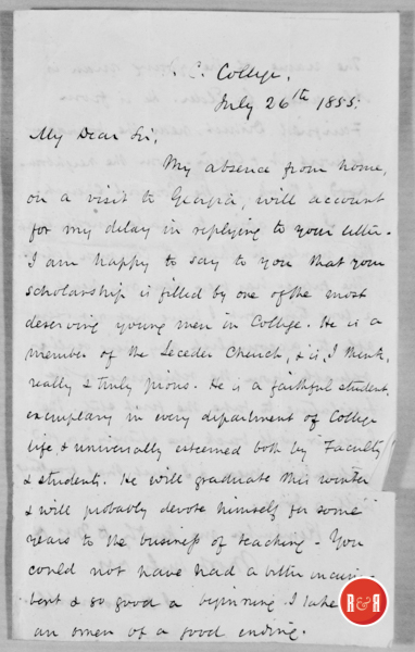 Letter from the Rev. James H. Thornwell to Mr. Hutchison dated July 26, 1855 concerning his friendship with Alexander C. Elder of Blackstock, Chester Co., S.C. as well as his desire to begin a 