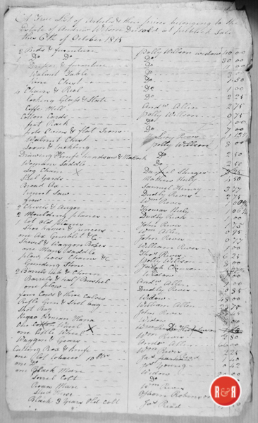 Inventory and sale of the Estate of Andrew Wilson, courtesy of the Hutchison Group - 2021   R&R Note: Estate papers of Andrew Willson of York District dated October 5, 1815.  Includes an inventory of his estate for public sale on October 6, 1815.  Lists the people who bought items.  The appraisers were William Wright, Daniel Sturgis, and John Hart.