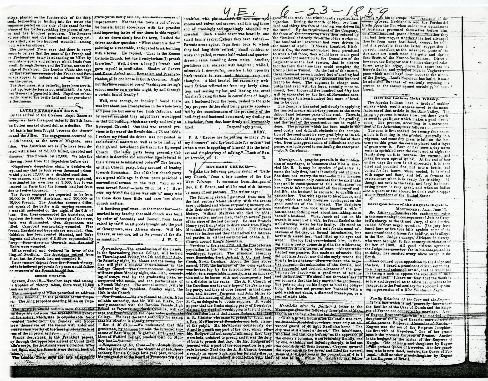 YORKVILLE ENQUIRER ARTICLE ON CHURCH - 1859