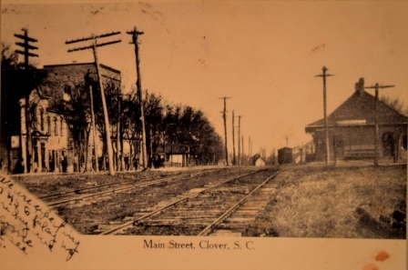 Postcard view of Clover, SC showing the original depot.