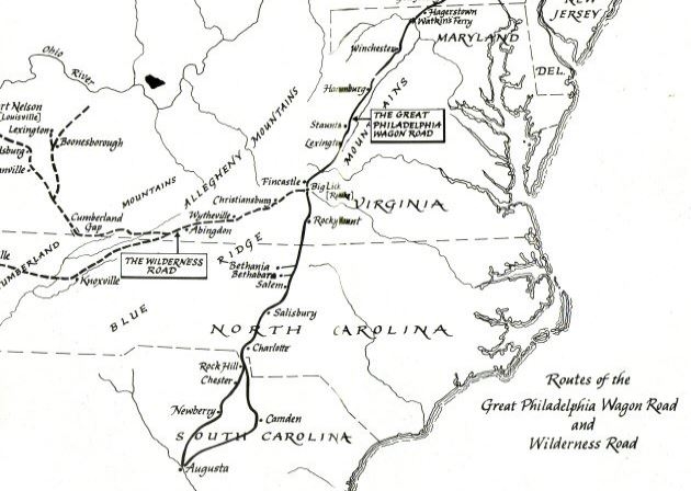 Map showing the Great Wagon Road  or the Philadelphia Wagon Road, leading through N.C. and crossing the Catawba River just South of the Spratt Home in York County, S.C.