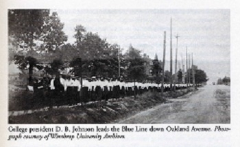 In the first two decades of the 20th century, students at Winthrop College followed the President and other officials, to their church of choice. These were most often on Oakland and downtown Rock Hill. The students dressed in blue and therefore — it became known as the Blue Line.