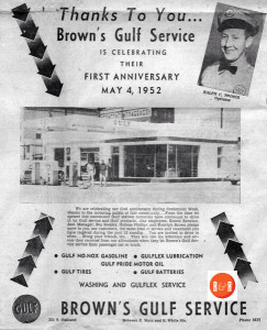 Ad for Brown's Filling Station which once stood directly behind the church and is now part of their parking lot. Image courtesy of the AFLLC Collection.