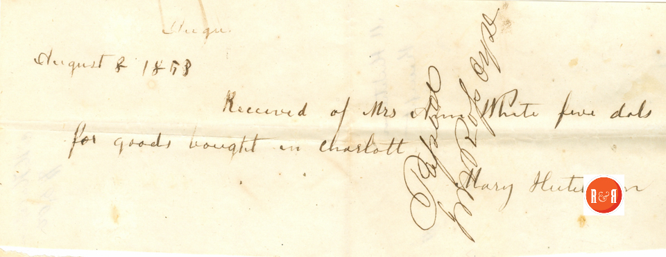 Receipt to Mary Hutchison for goods purchased in Charlotte NC - 1858