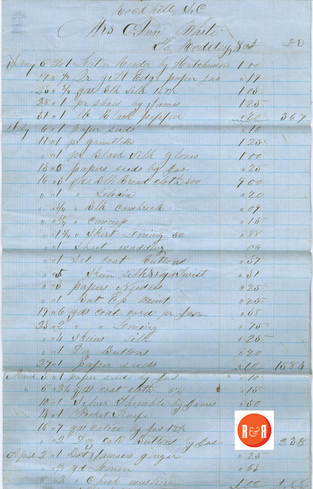 ANN H. WHITE ACCOUNT AT THE RODDEY CO - 1858 p. 1 - Courtesy of the White Collection/HRH 2008