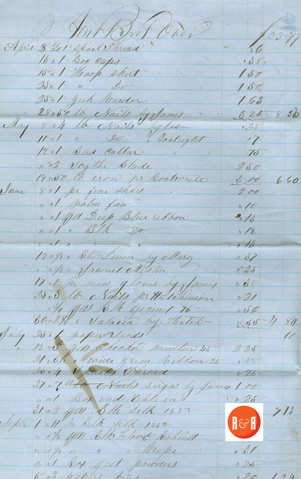 ANN H. WHITE ACCOUNT AT THE RODDEY CO - 1858 p. 2 - Courtesy of the White Collection/HRH 2008