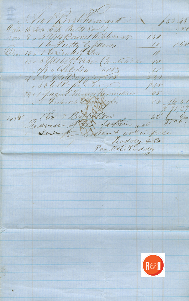 ANN H. WHITE ACCOUNT AT THE RODDEY CO - 1858 p. 3 - Courtesy of the White Collection/HRH 2008