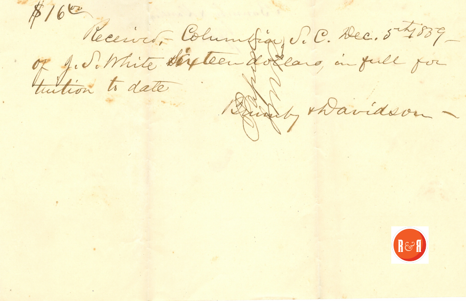 Receipt for tuition - 1859 from Brumby & Davidson - Courtesy of the White Collection/HRH 2008
