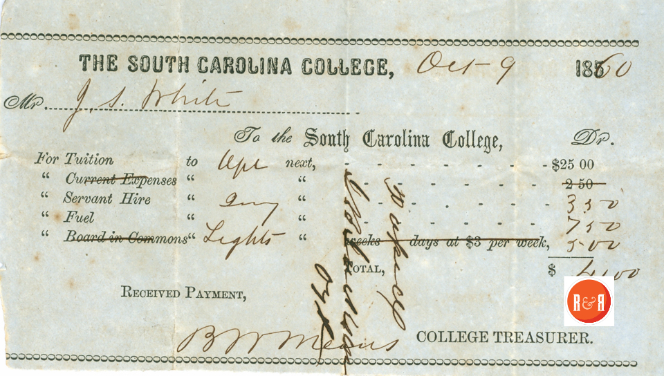 J.S. Spratt receipt for South Carolina College - 1860  Courtesy of the White Collection/HRH 2008