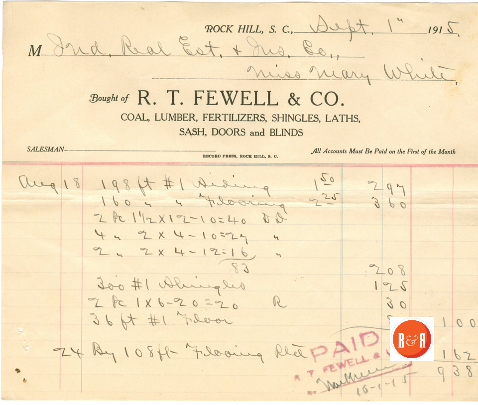 RH HARDWARE INVOICE FROM - 1915