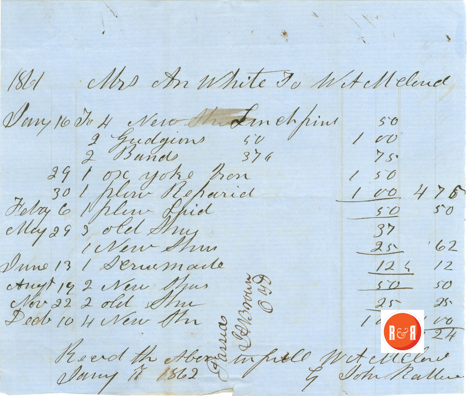 JOHN RATTERREE SIGNED FOR PAYMENT TO W.A. MCLURE/MCCLURE VIA A.H. WHITE - 1861 
