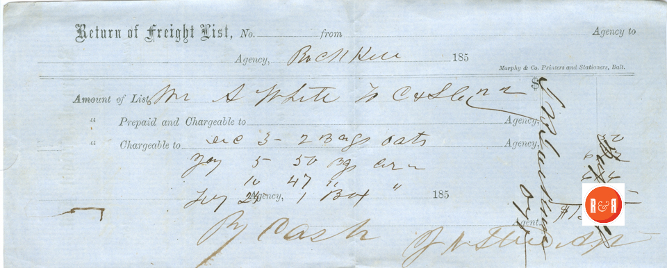 Freight receipt for Mrs. Ann H. White of Rock Hill in the 1850s. Courtesy of the White Family Collection - 2008