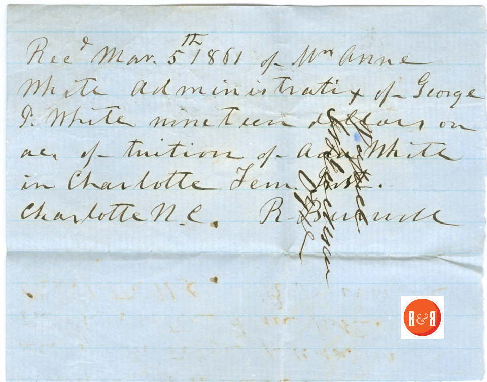 THE BURWELL SCHOOL OF CHARLOTTE, NC - ANN H. WHITE'S TUITION PAYMENT 1861