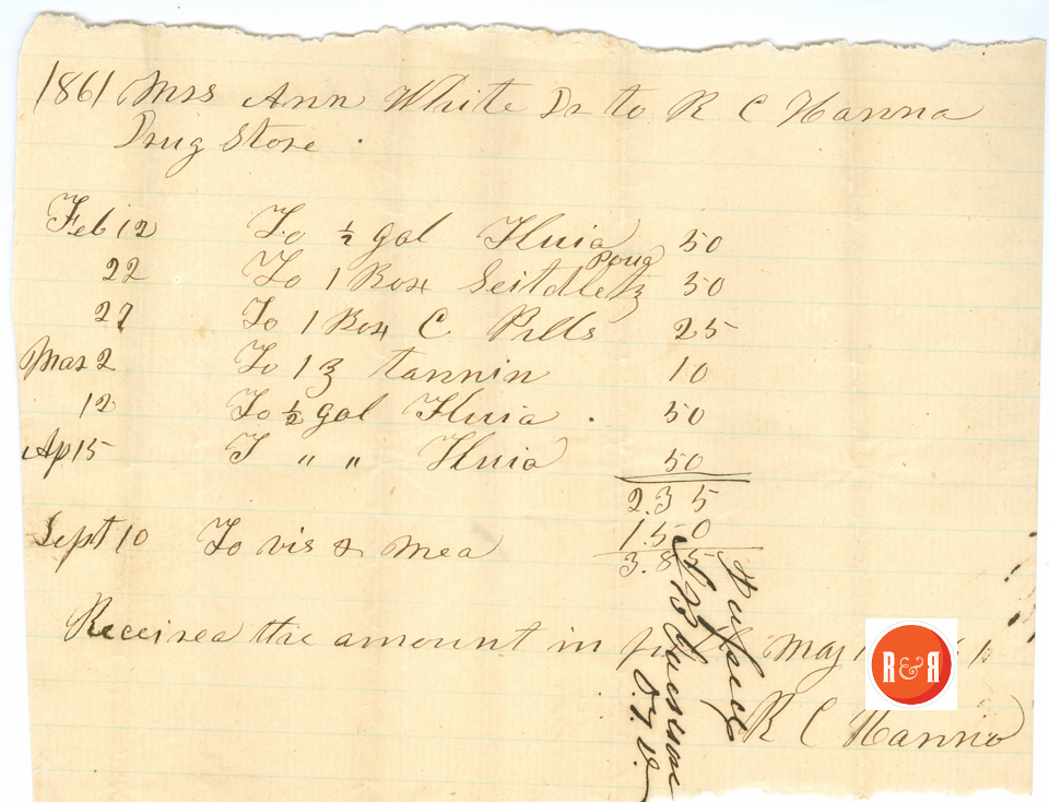 Receipt from perhaps Rock Hill’s earliest drug store, the Robert C. Hanna Co., in 1861. Note that Dr. Hanna died shortly thereafter and is buried at Bethesda Cemetery. Courtesy of the White Family Collection/HRH – 2008