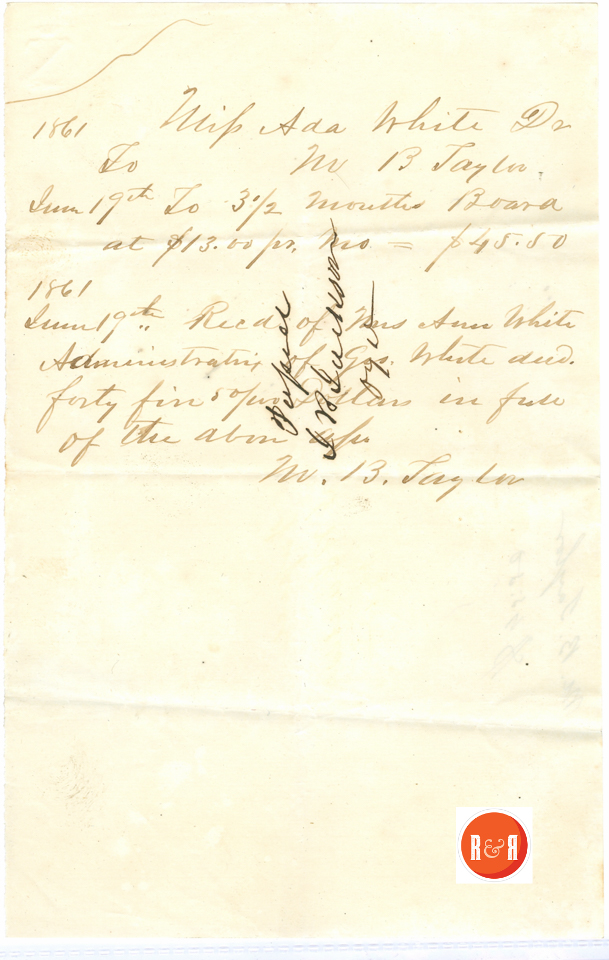 B. TAYOR'S ACCOUNT FOR BOARDING 1861 - Courtesy of the White Collection/HRH 2008