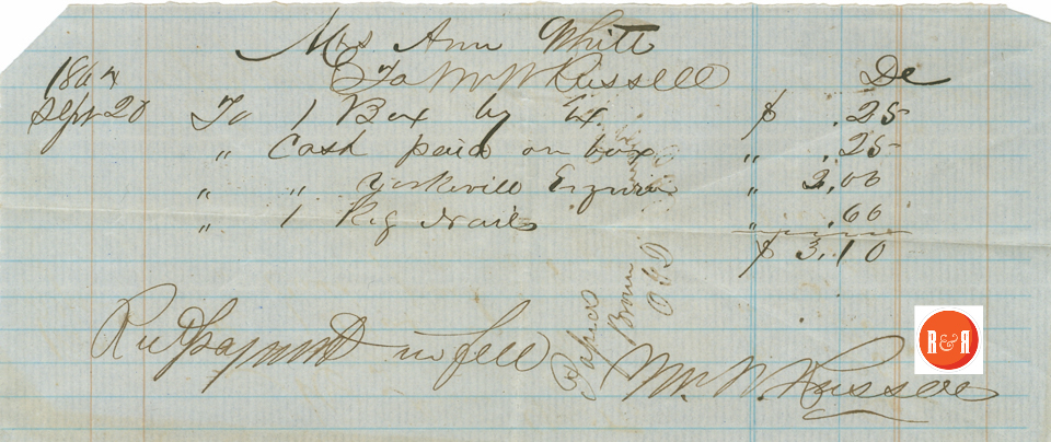 Ann H. White pays M.W. Russell for misc. items 1864 - Courtesy of the White Collection/HRH 2008