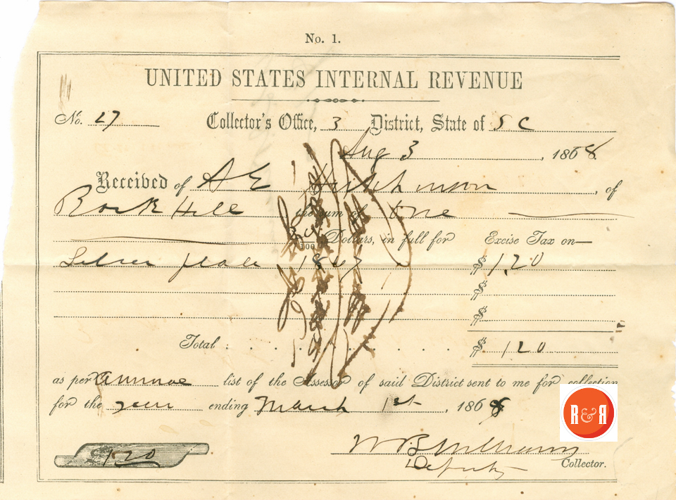 Internal Revenue Bill for A.E. Hutchison- 1868  Courtesy of the White Collection/HRH