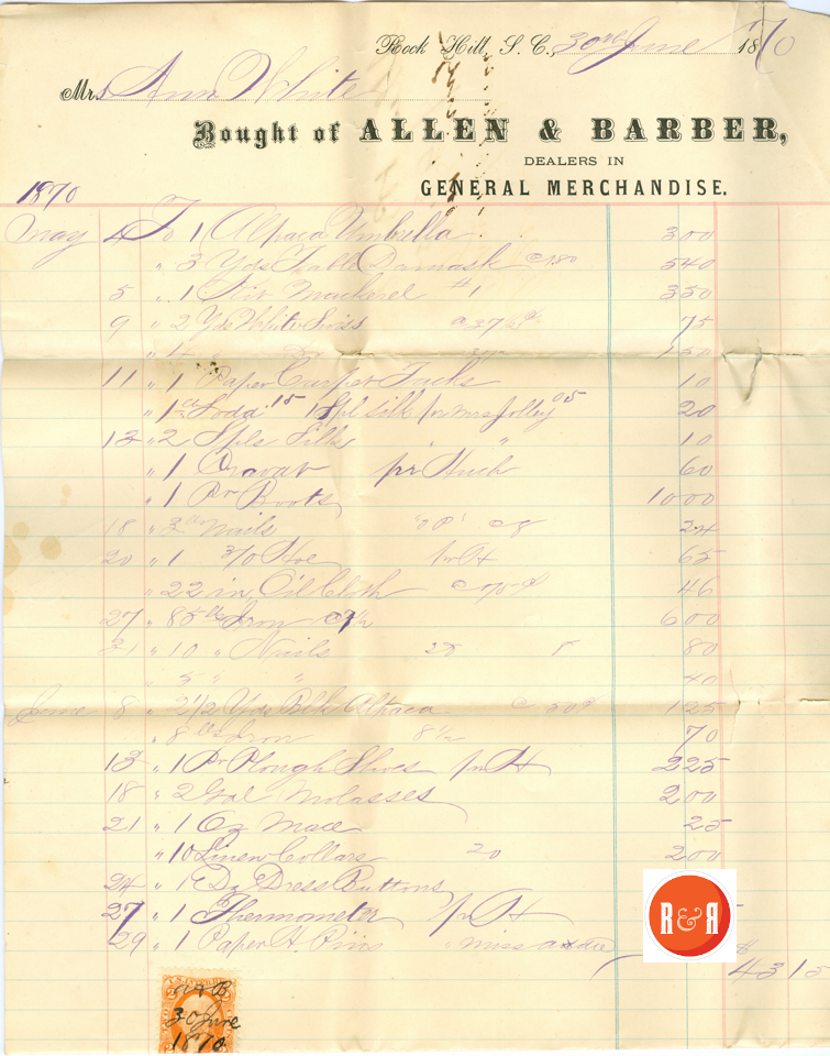 Ann H. White buys goods at the Firm of Allen and Barber - 1870  Courtesy of the White Collection/HRH 2008