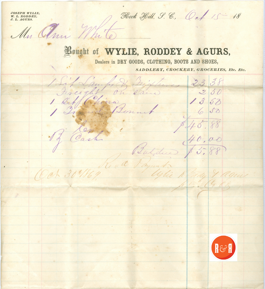 ANN H. WHITE'S ACCOUNT WITH WYLIE, RODDEY & AGURS OF ROCK HILL, S.C. - 1868-69