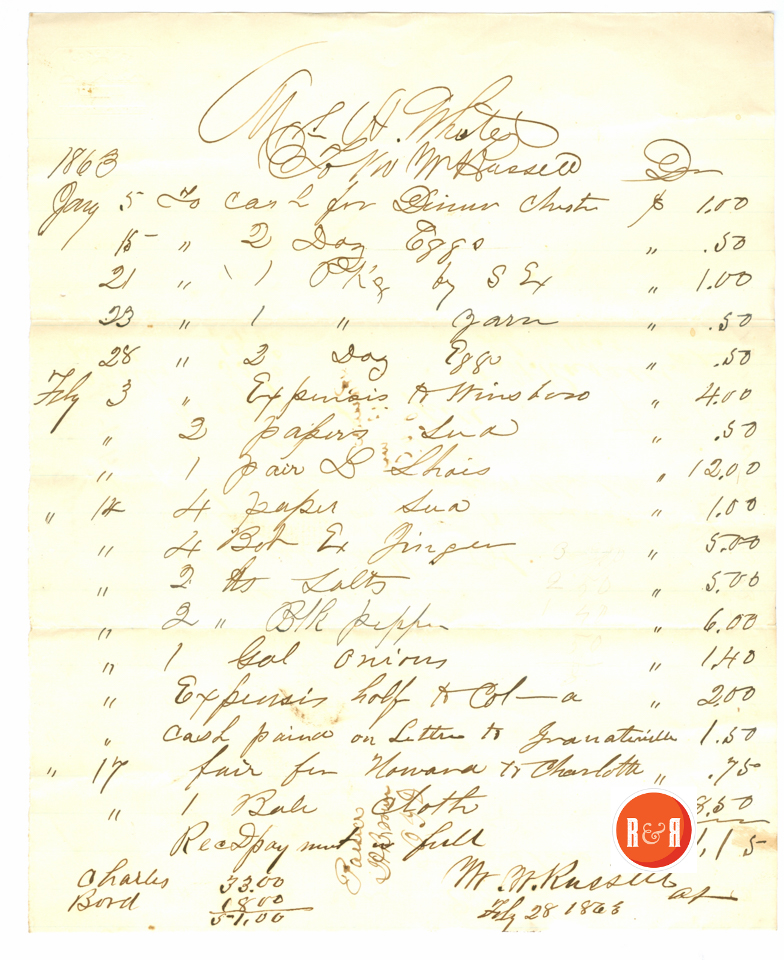Ann H. White pays M.W. Russell for misc. items 1863 - Courtesy of the White Collection/HRH 2008