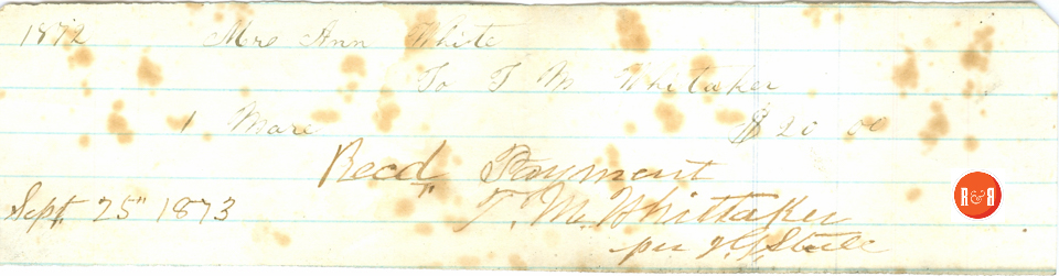 ANN H. WHITE PAYS T.M. WHITAKER $20. - 1873 - Courtesy of the White Collection/HRH 2008