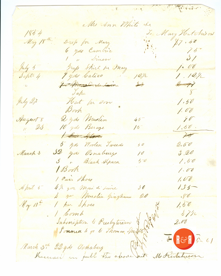 ANN H. WHITE PAYS BILL TO MARY HUTCHISON - 1854 - Courtesy of the White Collection/HRH 2008