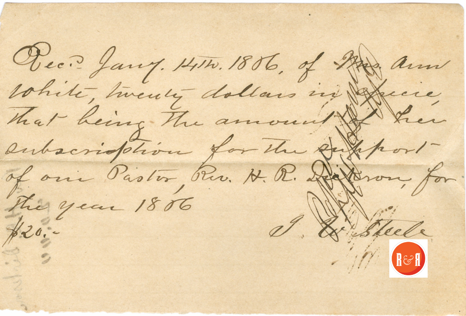 Receipt for payment of $20. for the support of the Rev. H. R. Dickson. It is unclear as to where Mr. Dickson preached. Courtesy of the White Family Collection - 2008