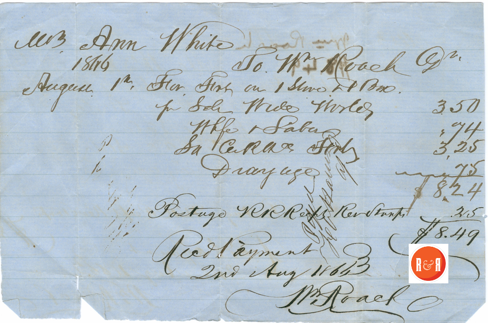 Note the receipt includes a tax for stamps. This tax was imposed on the South following the Civil War for use of transportation goods and services. Courtesy of the White Family Collection - 2008