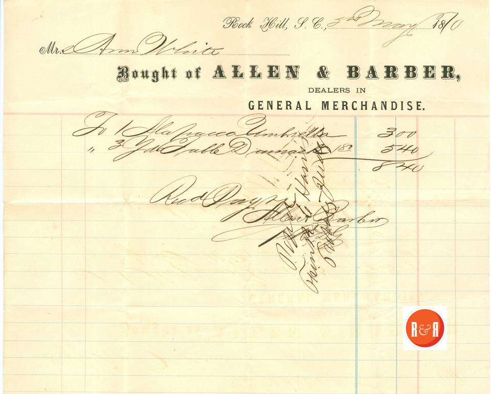 Store receipt from the Allen & Barber Company. in 1870. Courtesy of the White Family Collection - 2008