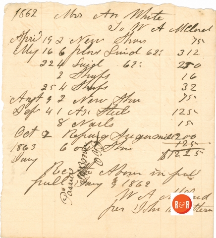Receipt for services by W.A. McLeod of Rock Hill, S.C. in 1862 paid for by John Ratterree on behalf of Mrs. Ann H. White. Courtesy of the White Family Collection - 2008